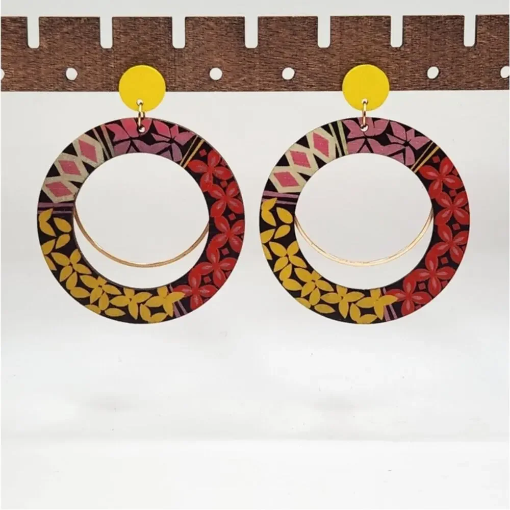 Boho Round Open Hoop Geometric Pattern Mixed Media Wood Statement Earrings